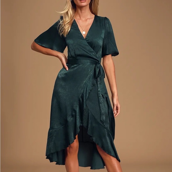 Lulu’s Wrapped Up In Love Dark Green Satin Faux-Wrap Midi Dress NWT - Picture 1 of 13